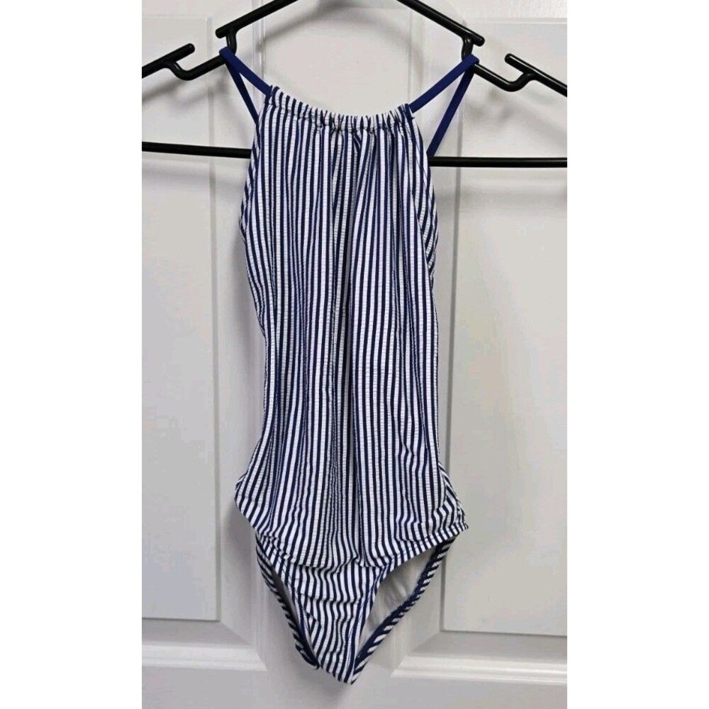 Old Navy Girls Small 6 7 Blue White Striped Seersucker One Piece Swimsuit